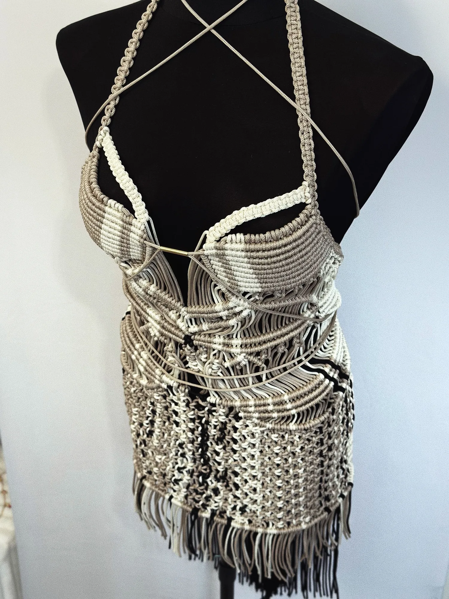 Mykonos Corset-Inspired Fringe Mini Dress – Luxury Gold Accent Short Dress – Sexy Body-Sculpting Statement Piece for High-End Parties & Resort Chic detail view showing handmade dress texture and structure